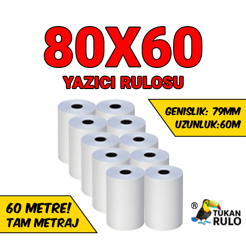 80X60  60 METRE TERMAL RULO YAZICI RULOSU (THERMAL ROLL)